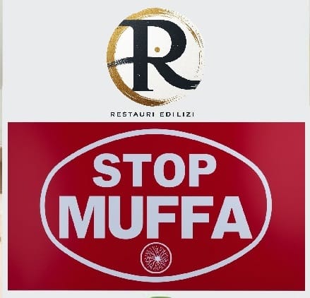 Logo di RESTAURI EDILIZI con scritta STOP MUFFA, su sfondo rosso.
