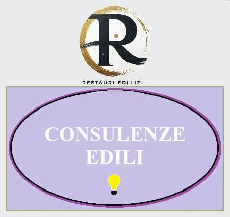 Logo di Restauri Edilizi con la scritta 'CONSULENZE EDILI' su sfondo viola, accompagnato da un'illustrazione di una lampadina.