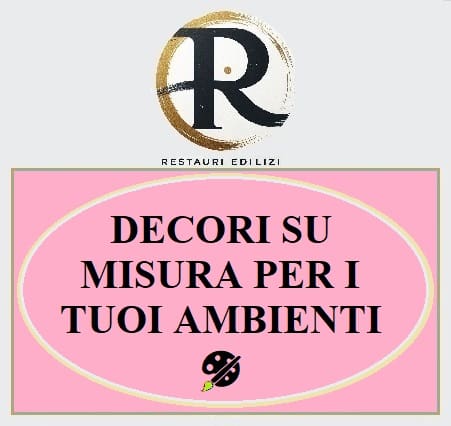 Logo 'Restauri Edilizi' con testo 'Decori su misura per i tuoi ambienti' e un'icona di un pennello sul fondo rosa.