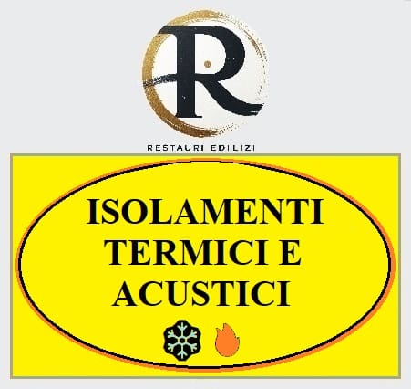 Logo di Restauri Edilizi con il testo 'ISOLAMENTI TERMICI E ACUSTICI', su uno sfondo giallo con icone di freddo e fuoco.