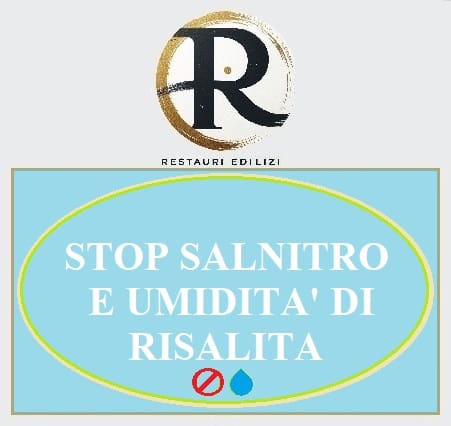 Logo di Restauri Edilizi con il testo "STOP SALNITRO E UMIDITA' DI RISALITA" su sfondo blu.