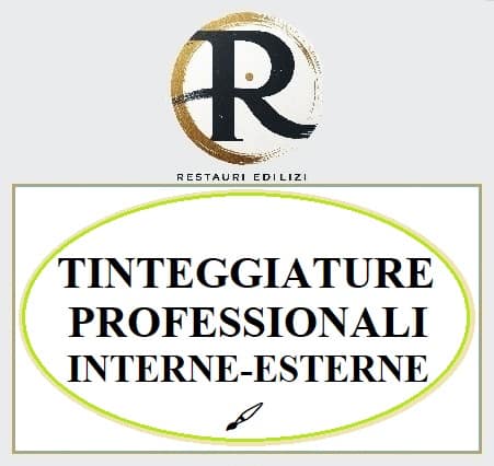 Logo di Restauri Edilizi con la scritta "TINTEGGIATURE PROFESSIONALI INTERNE-ESTERNE" in grande su uno sfondo chiaro.