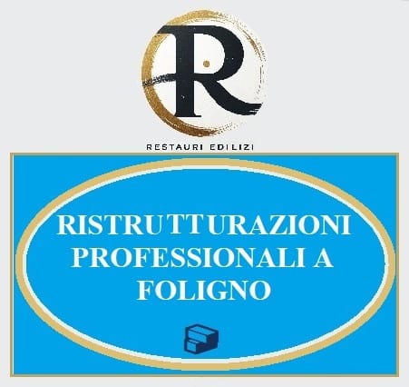 Logo di Restauri Edilizi con la scritta 'Ristrutturazioni Professionali a Foligno' in un design blu e dorato.