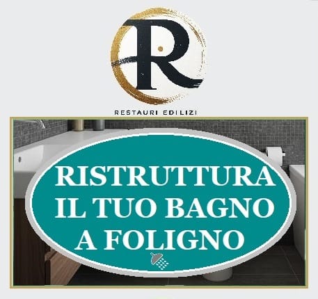 Logo di Restauri Edilizi con testo promozionale per ristrutturazione bagni a Foligno.