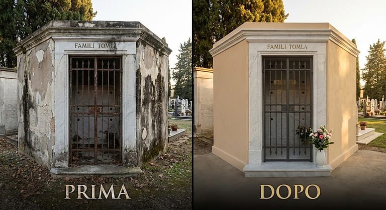 Restauro cappella cimiteriale Foligno prima e dopo. Manutenzione loculi e smaltatura cancelli.