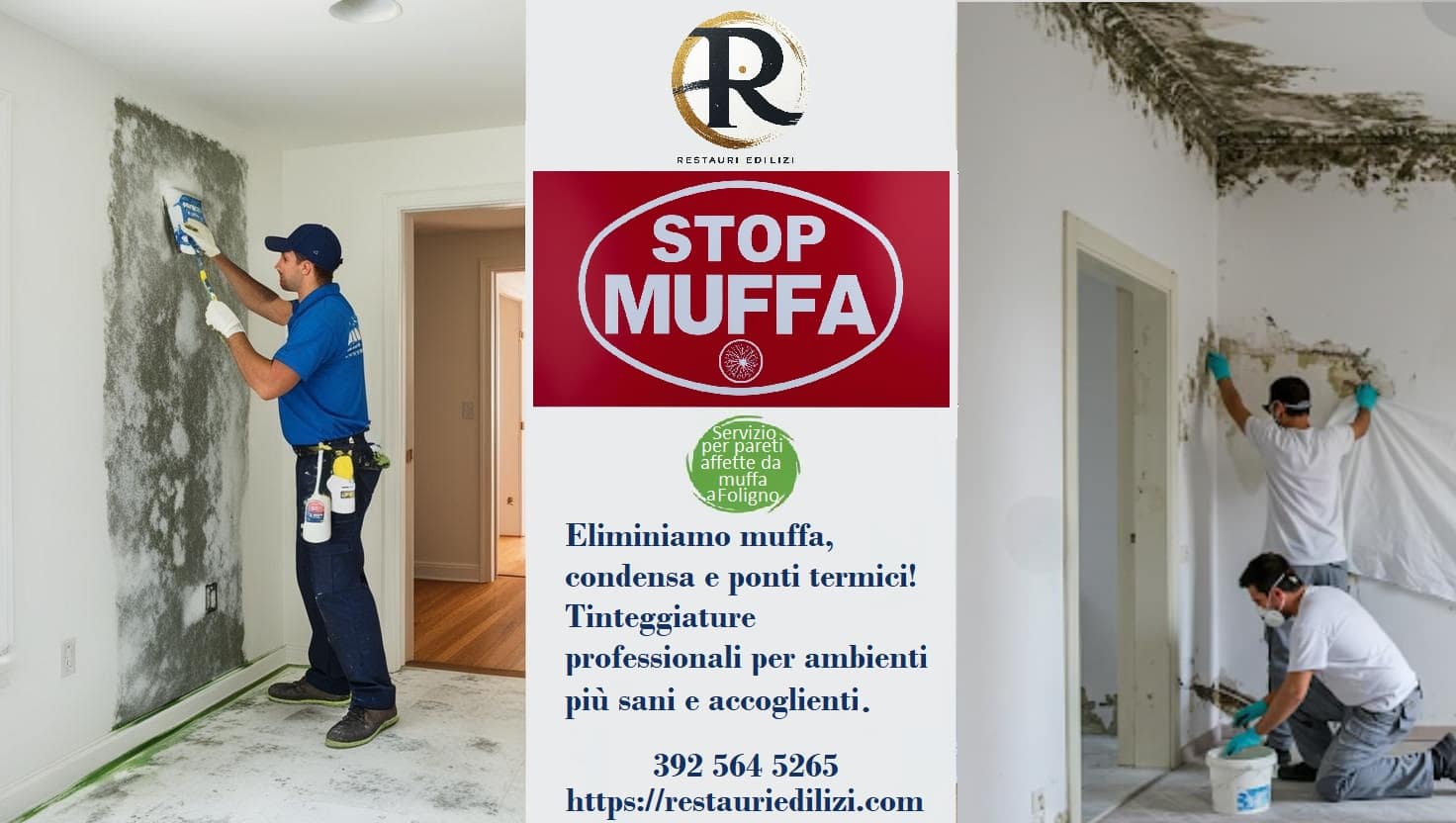 Un professionista che rimuove la muffa da una parete interna, mentre un altro lavora a fianco. Sono visibili attrezzi e materiali per il trattamento delle superfici, con un'attenzione particolare alla pulizia e alla preparazione dell'ambiente.